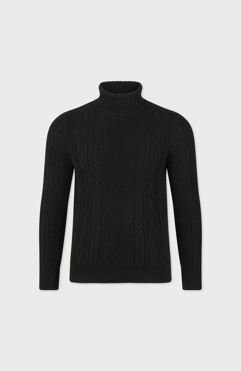 Mittelschwerer Zopfpullover aus 100 % Baumwolle mit Rollkragen für Herren