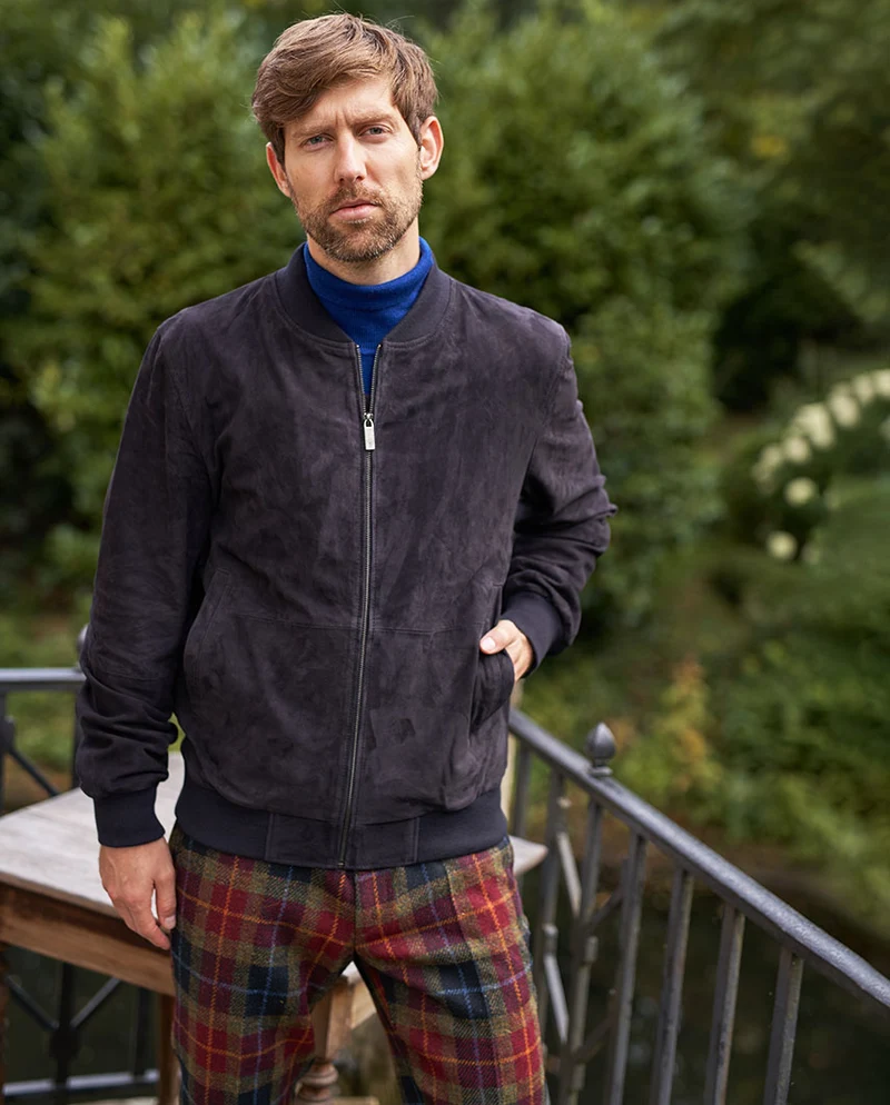 Herren Lederblouson "Bomber" aus Ziegenvelours in navy