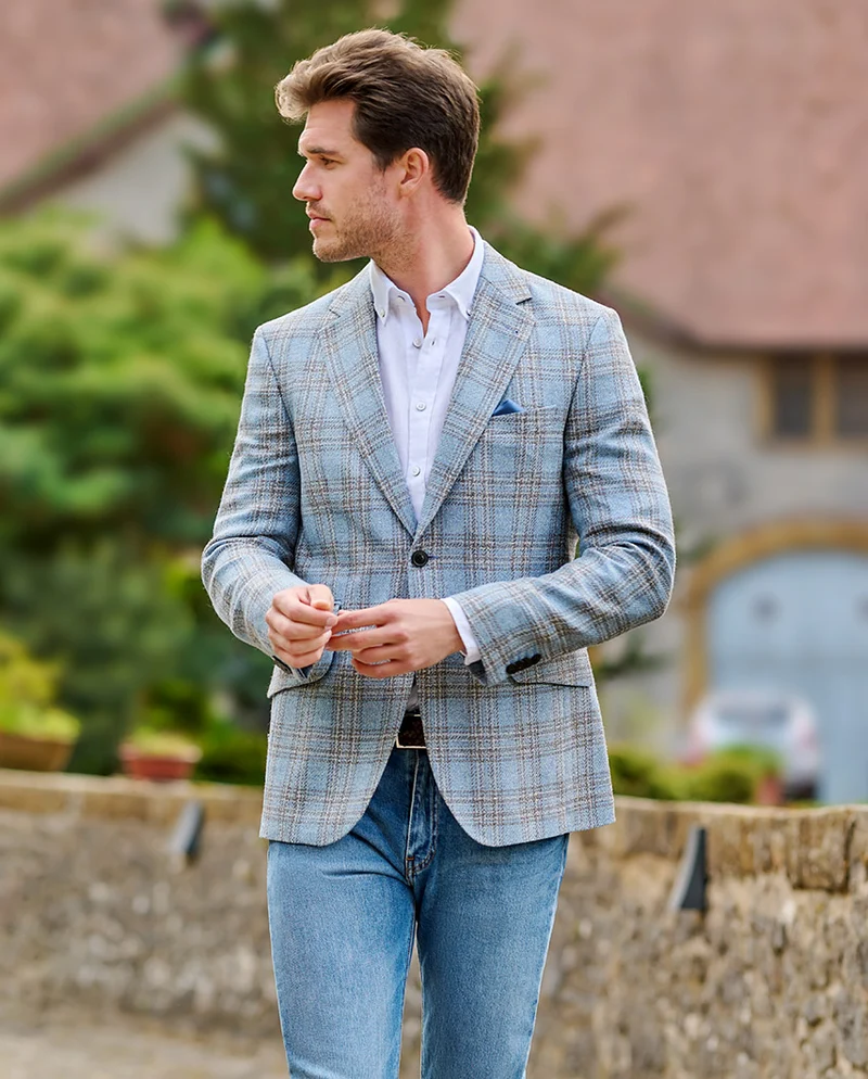 Leichtes Sommersakko "London SO" aus Schurwoll-Mix in light blue check