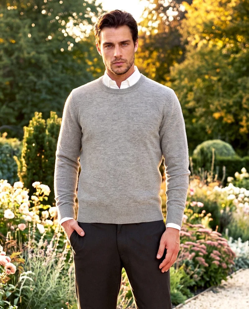 Merino-Lambswool Herrenpullover "Jordan" in cloud grey – mit Harris-Tweed-Details