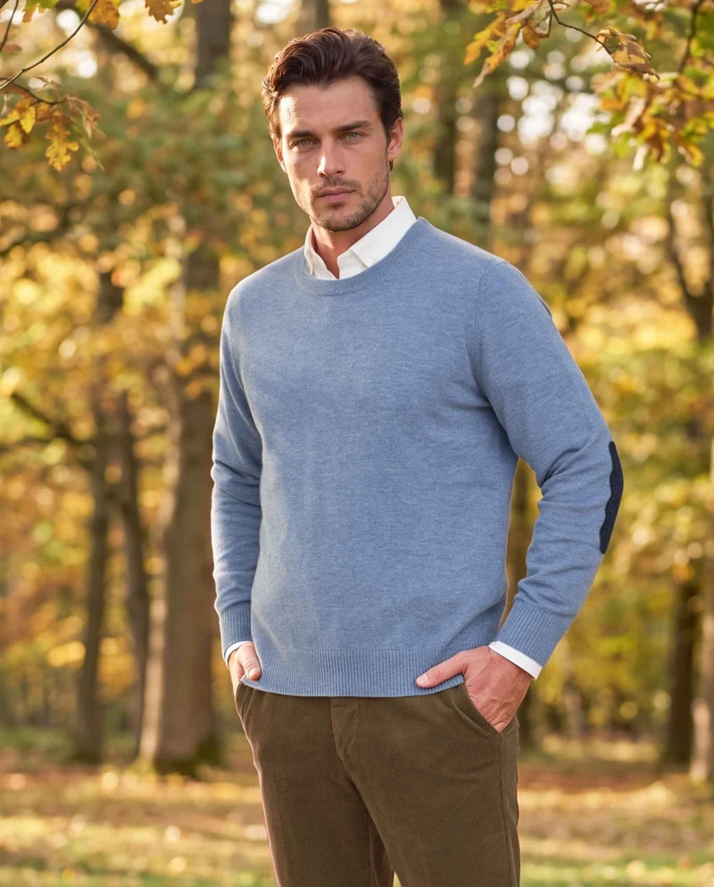 Merino-Lambswool Herrenpullover "Jordan" in blue – mit Harris-Tweed-Details