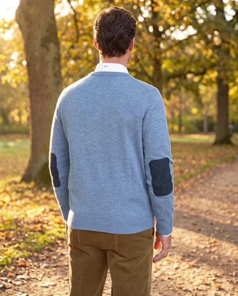 Merino-Lambswool Herrenpullover "Jordan" in blue – mit Harris-Tweed-Details