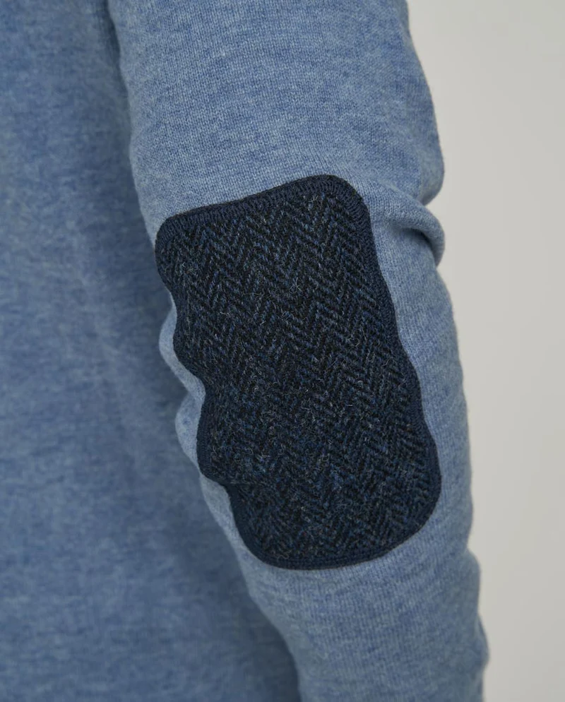 Merino-Lambswool Herrenpullover "Jordan" in blue – mit Harris-Tweed-Details