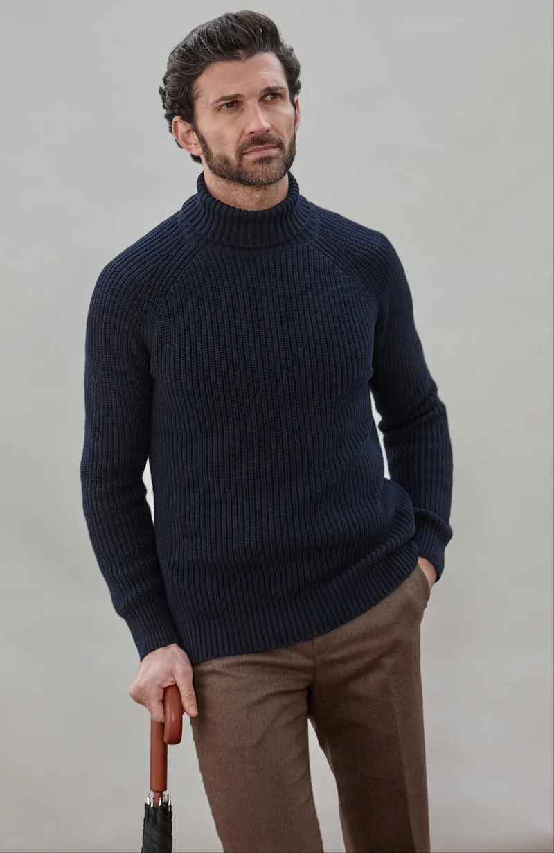 Rollkragenpullover aus 100 % Fischer-Rippstrick für Herren aus 100 % Baumwolle