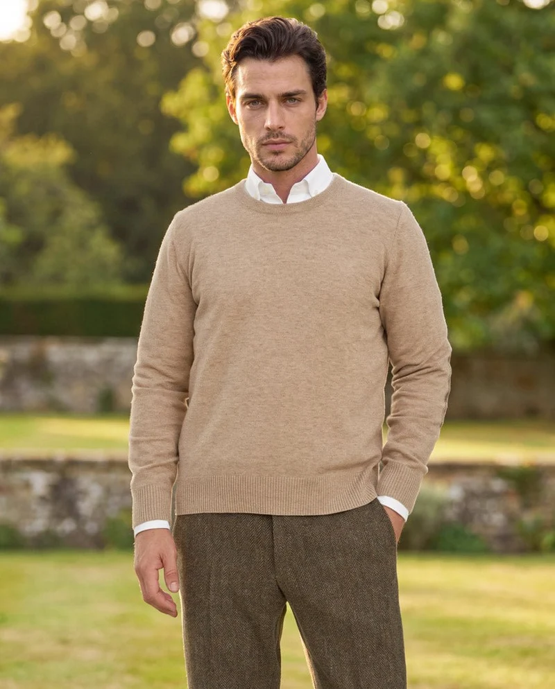 Merino-Lambswool Herrenpullover "Jordan" in Taupe – mit Harris-Tweed-Details