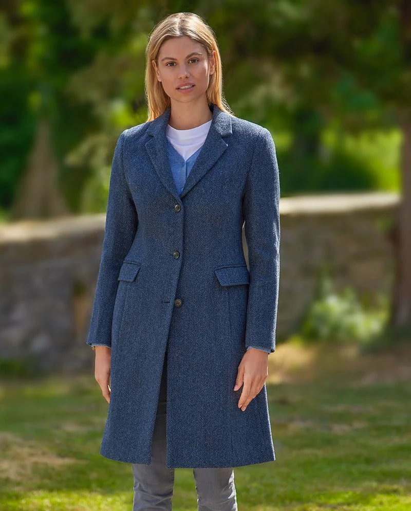 Tweed Blazermantel "Emilia" aus Woll-Kaschmir in Blue Herringbone