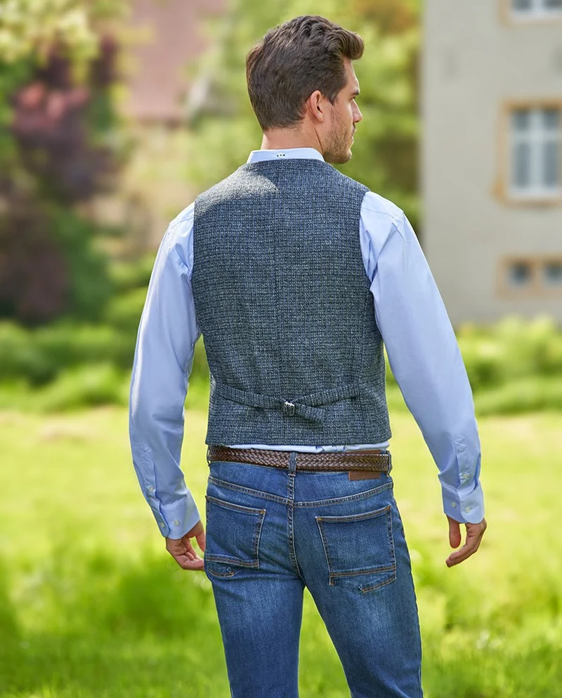 Harris Tweed Weste "Wales" in blue houndstooth