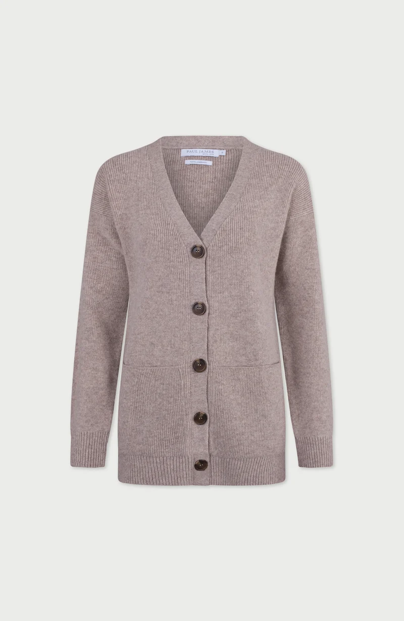 Gerippter Damen-Cardigan aus 100 % Lammwolle mit V-Ausschnitt und Taschen