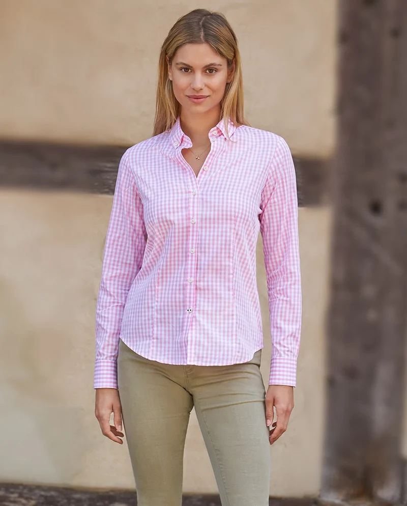 Button-Down-Damenbluse "Stella" im pinken Vichy-Karo