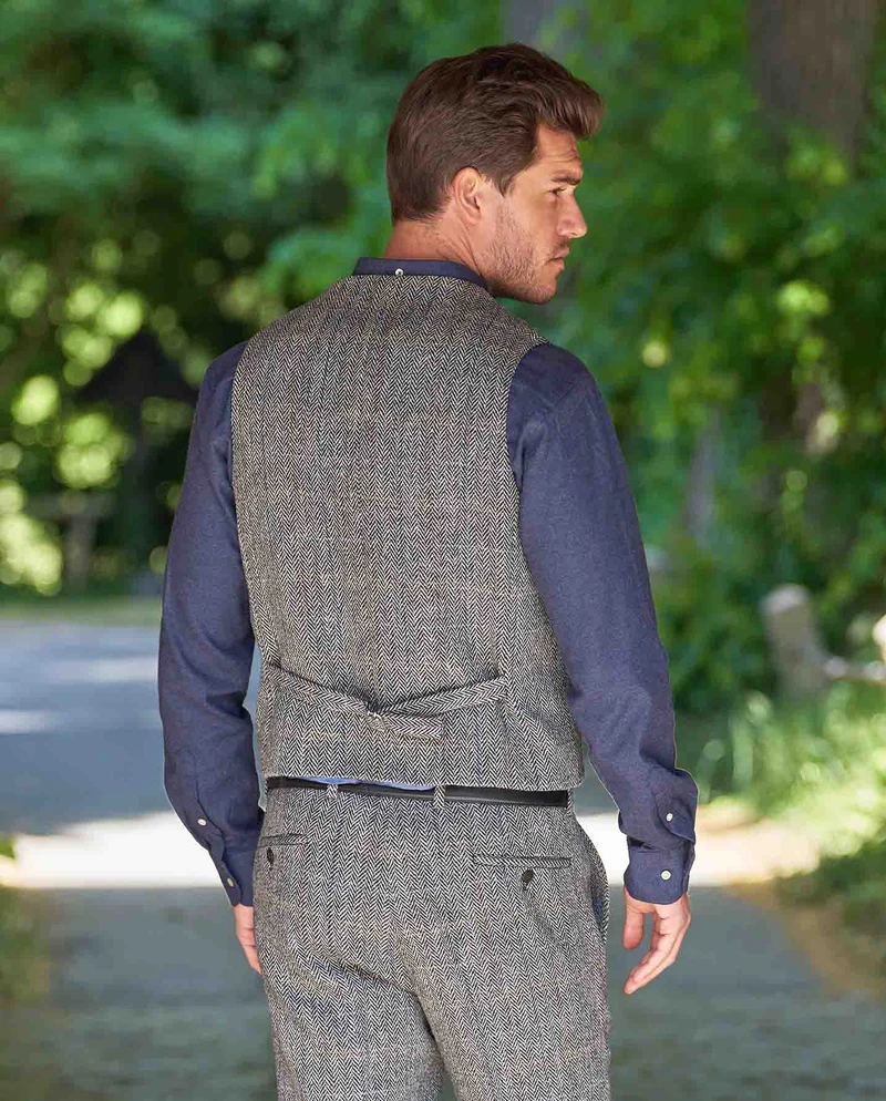 Harris Tweed Weste "Wales" in grey herringbone