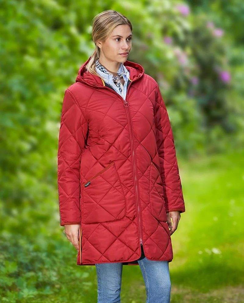 Damen Steppmantel "Perth Polar" mit Polar Fleece & Tweed Applikationen in red Dahlia