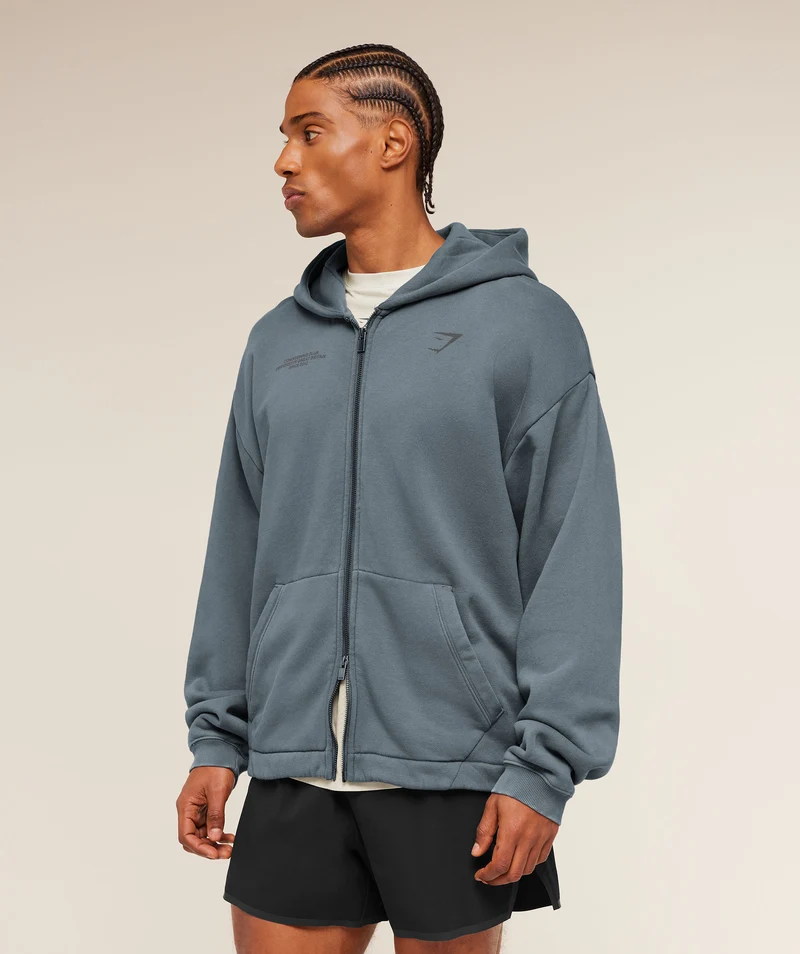 Gymshark Conditioning Club Washed Zip Through Hoodie - Iron Blue/Wash