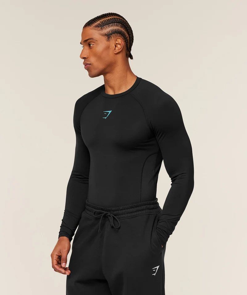 Gymshark Element Baselayer Long Sleeve T-Shirt - Black/Brand Blue