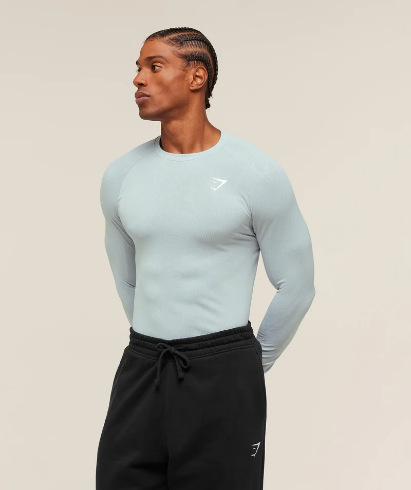 Gymshark Geo Seamless Long Sleeve T-Shirt - Smoke Blue/Soft White