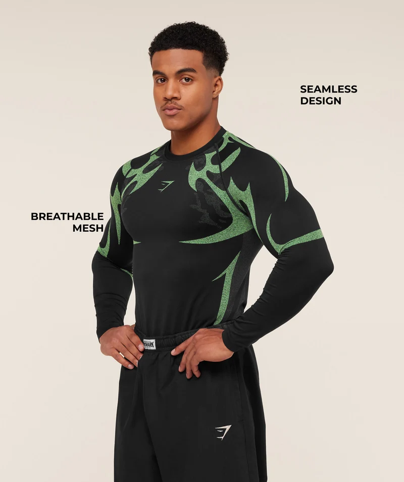 Gymshark Storm Seamless Long Sleeve T-Shirt - Black/Active Green