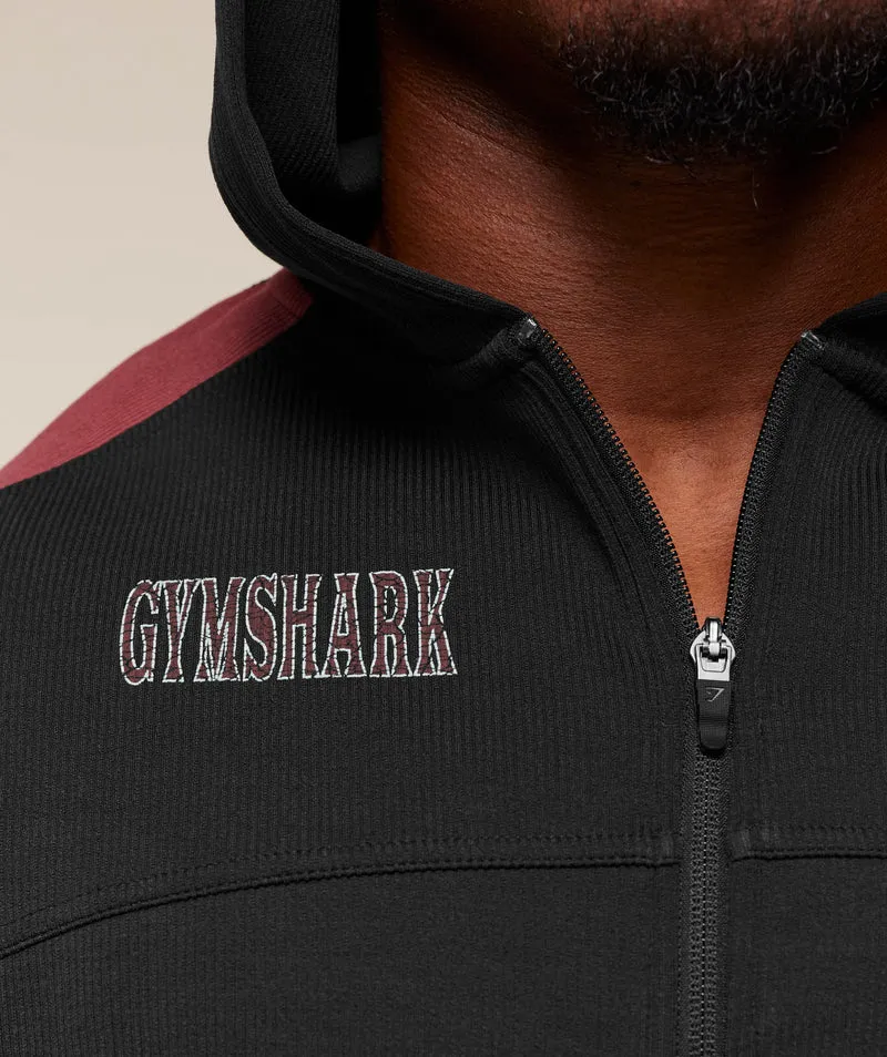 Gymshark Bodybuilding Zip Up Hoodie - Black/Burgundy Brown