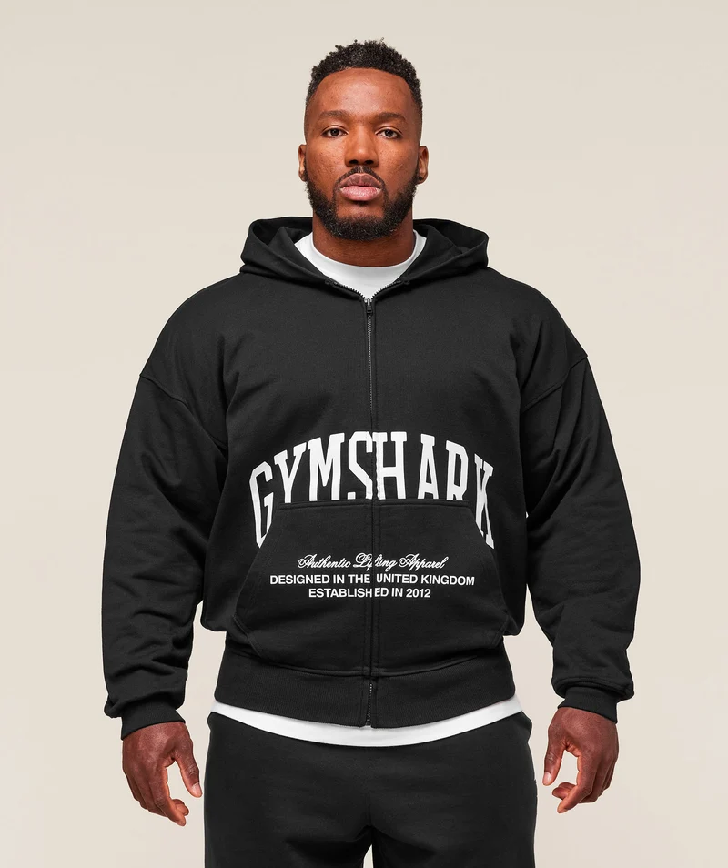 Gymshark Collegiate Script Zip Up Hoodie - Black/White