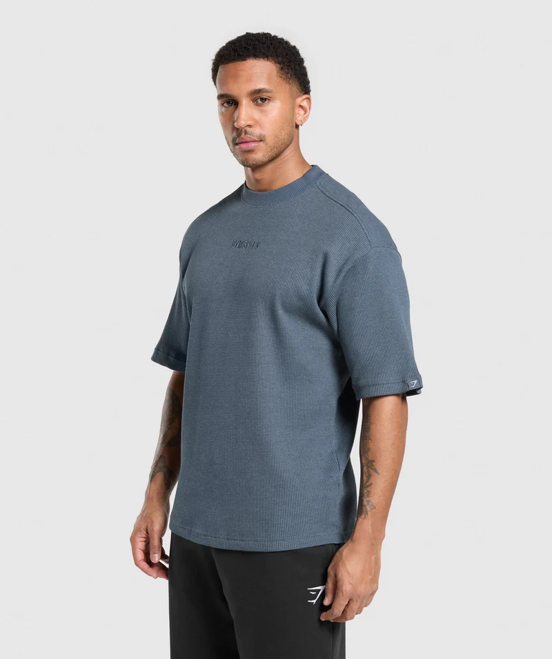 Gymshark Waffle Oversized T-Shirt - Titanium Blue/Cotton Part Dye