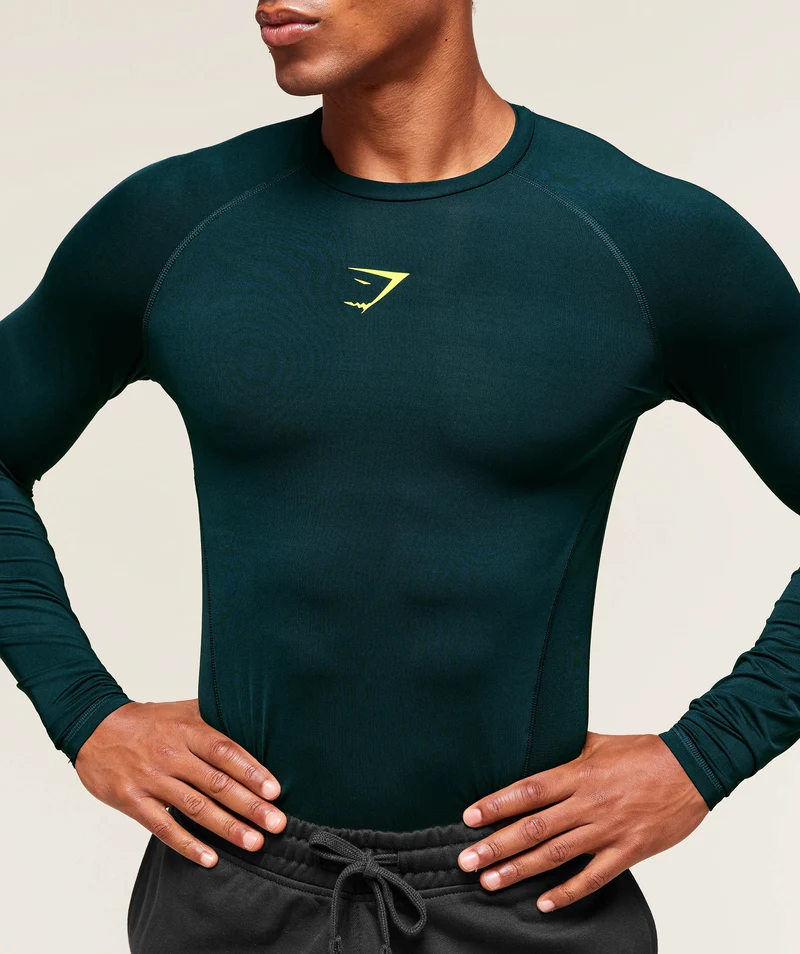 Gymshark Element Baselayer Long Sleeve T-Shirt - Deep Petrol Blue/Sorbet Yellow