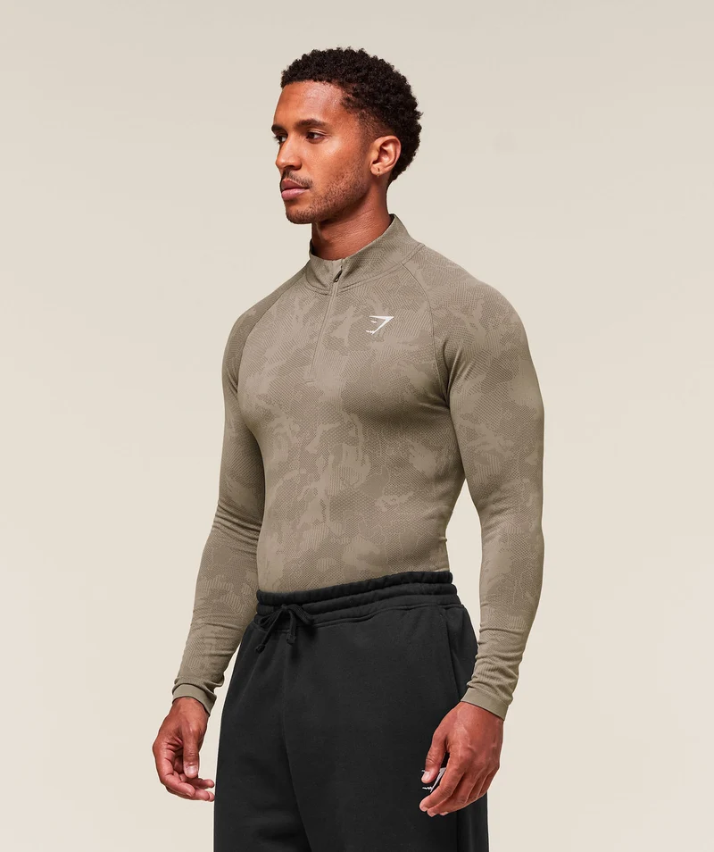Gymshark Geo Seamless 1/4 Zip - Linen Brown/Camo Brown