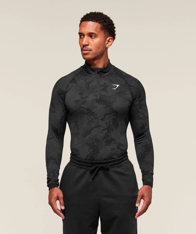 Gymshark Geo Seamless 1/4 Zip - Black/Charcoal Grey