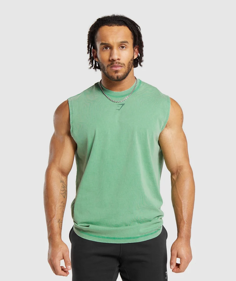 Gymshark Heritage Washed Cut Off T-Shirt - Lagoon Green/Acid Wash Small Ball