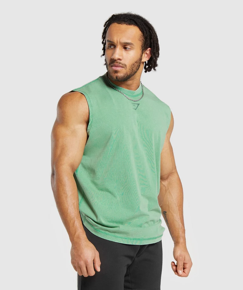 Gymshark Heritage Washed Cut Off T-Shirt - Lagoon Green/Acid Wash Small Ball