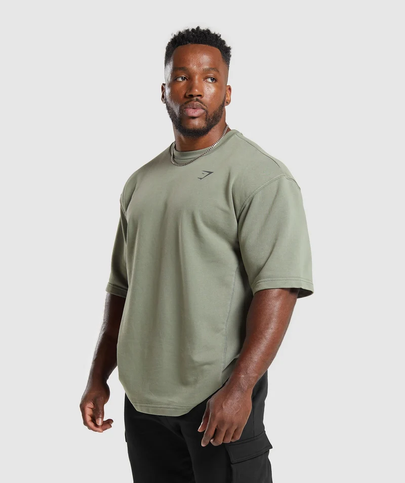 Gymshark Power Washed Short Sleeve Crew - Dusk Green/Acid Wash Small Ball