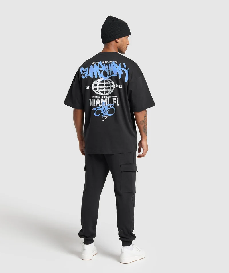 Gymshark Miami Graphic SS T-Shirt - Black/Lats Blue