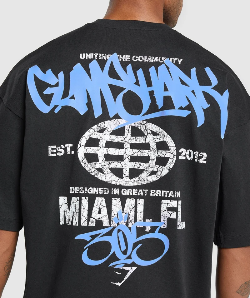 Gymshark Miami Graphic SS T-Shirt - Black/Lats Blue