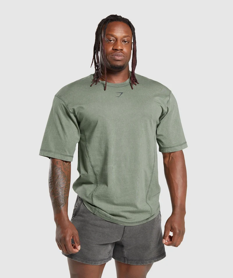 Gymshark Heritage Washed T-Shirt - Dusk Green/Acid Wash Small Ball