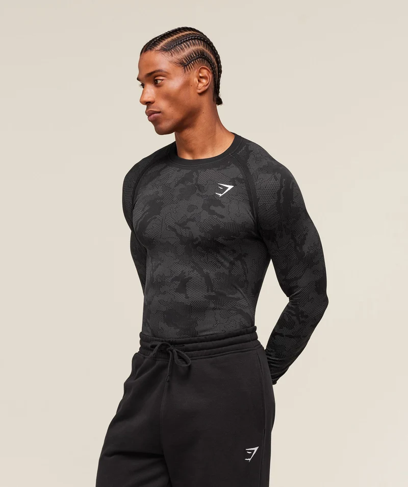 Gymshark Geo Seamless Long Sleeve T-Shirt - Black/Charcoal Grey
