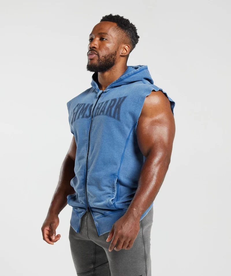 Gymshark Heritage Washed Sleeveless Zip Up Hoodie - Vintage Blue/Acid Wash Small Ball