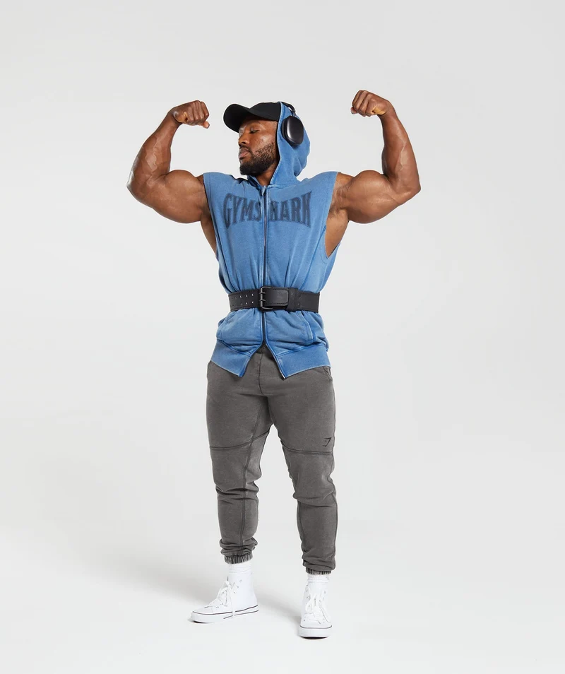 Gymshark Heritage Washed Sleeveless Zip Up Hoodie - Vintage Blue/Acid Wash Small Ball