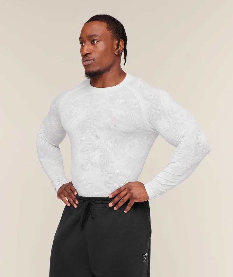 Gymshark Geo Seamless Long Sleeve T-Shirt - White/Light Grey