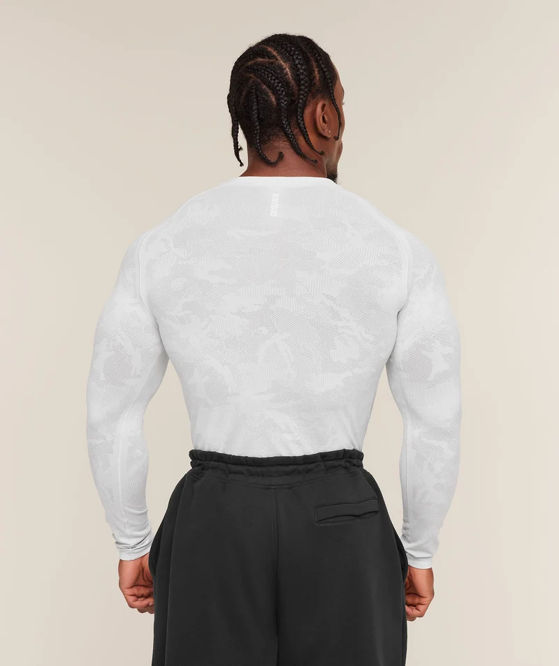 Gymshark Geo Seamless Long Sleeve T-Shirt - White/Light Grey
