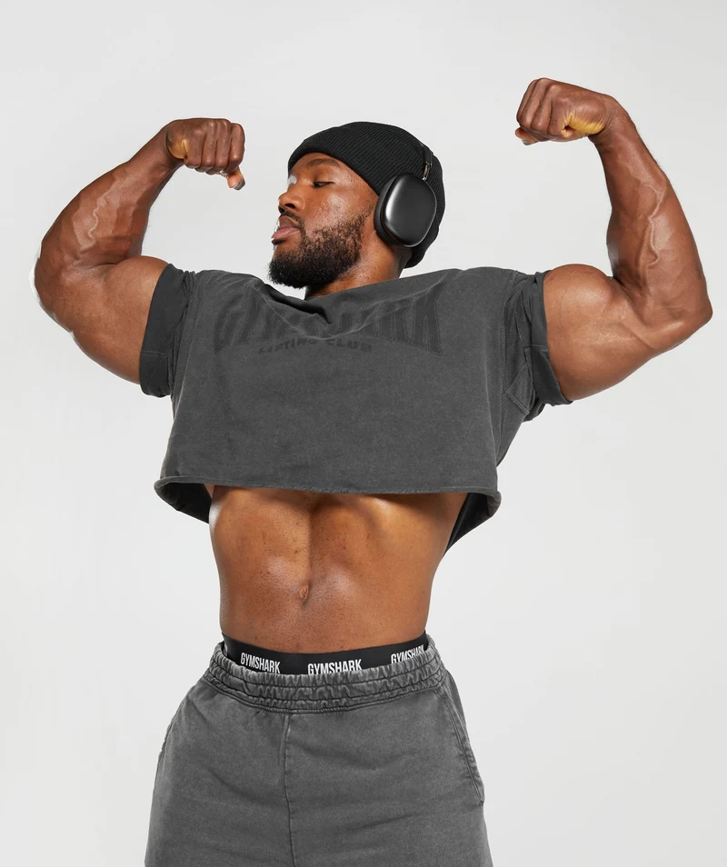 Gymshark Heritage Washed Crop T-Shirt - Onyx Grey/Acid Wash Small Ball