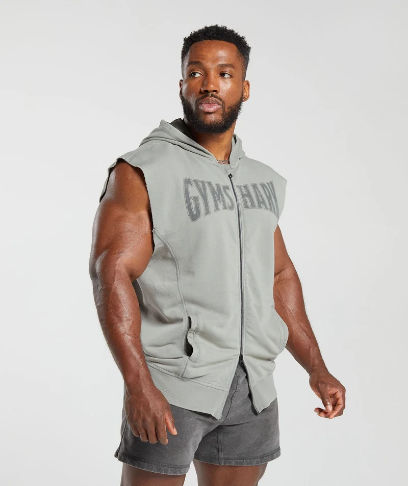 Gymshark Heritage Washed Sleeveless Zip Up Hoodie - Smokey Grey/Acid Wash Small Ball