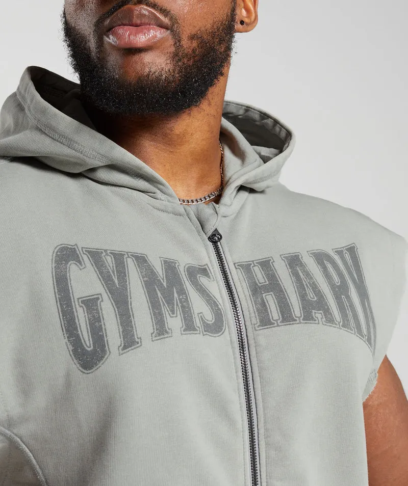 Gymshark Heritage Washed Sleeveless Zip Up Hoodie - Smokey Grey/Acid Wash Small Ball