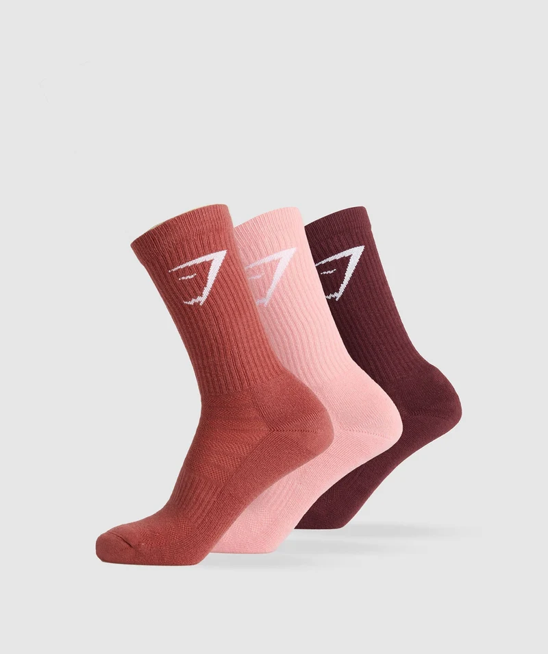 Gymshark Crew Socks 3pk - Rich Maroon/Flamingo Pink/Rust Red