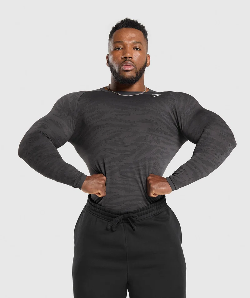 Gymshark Geo Animal Seamless Long Sleeve T-Shirt - Onyx Grey/Black