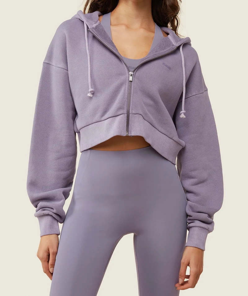 Gymshark Comfort Cropped Full Zip Hoodie - Fog Purple/Pigment Garment Dye + Wash