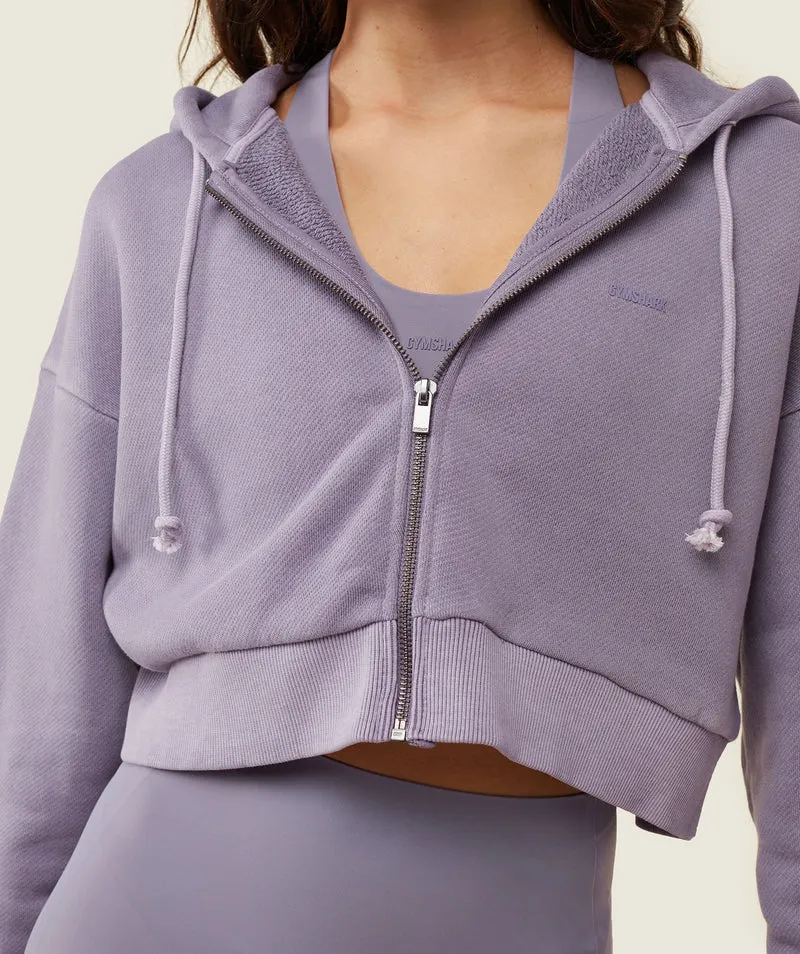 Gymshark Comfort Cropped Full Zip Hoodie - Fog Purple/Pigment Garment Dye + Wash