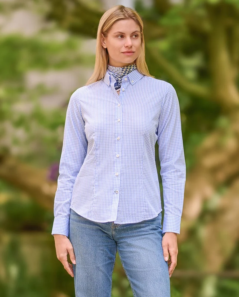 Button-Down Damenbluse "Stella" im blauen Vichy Karo