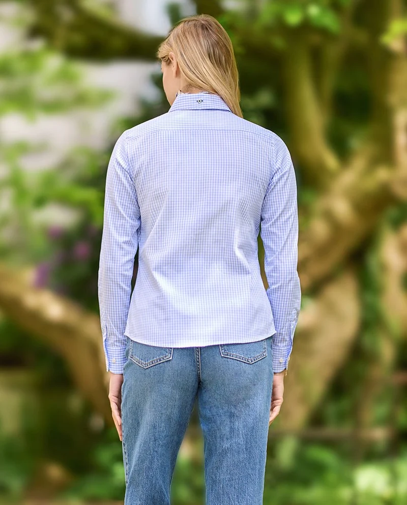 Button-Down Damenbluse "Stella" im blauen Vichy Karo
