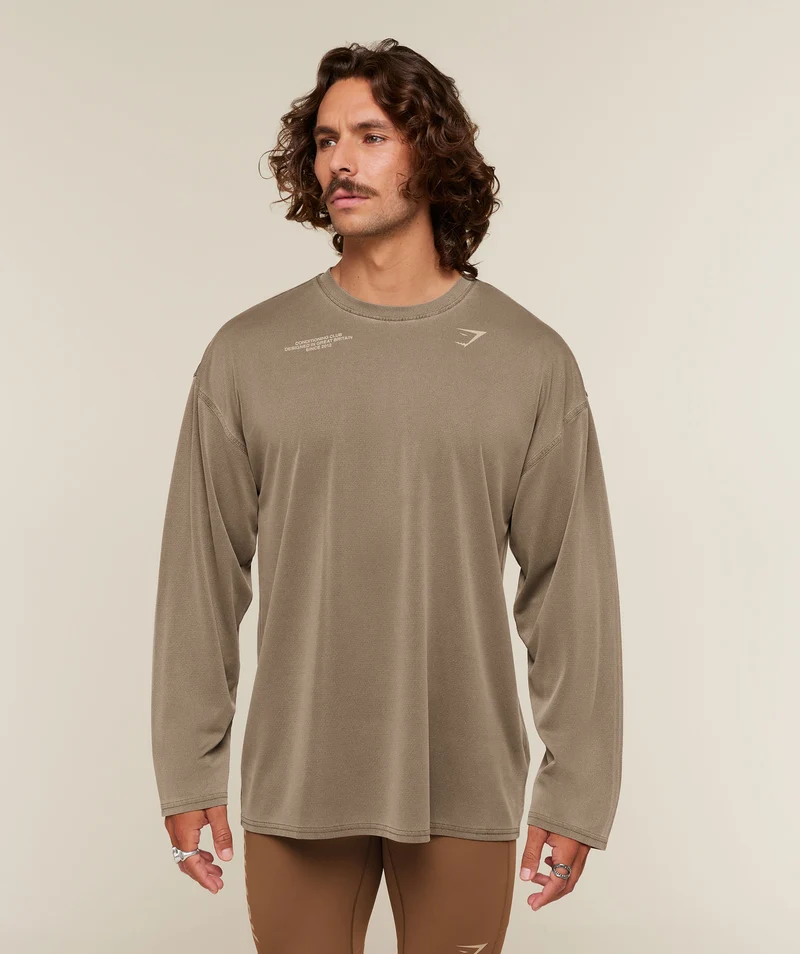 Gymshark Conditioning Club Washed Long Sleeve T-Shirt - Trail Brown/Vanilla Beige/Wash