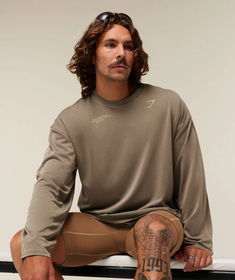 Gymshark Conditioning Club Washed Long Sleeve T-Shirt - Trail Brown/Vanilla Beige/Wash