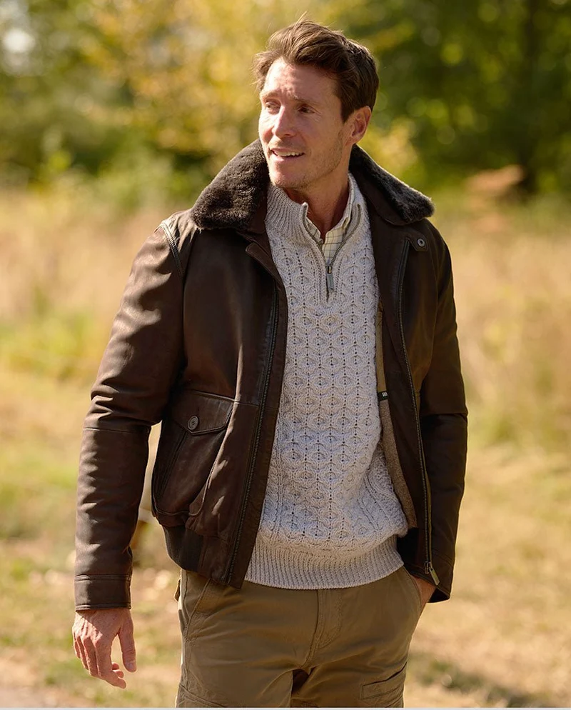 Piloten Lederjacke "Pilot II" aus Lammnubuk für Herren in braun