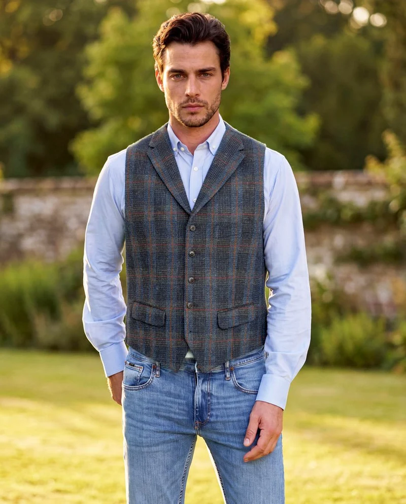 Wales - Harris Tweed Weste mit Kragen in multi-blue Twill