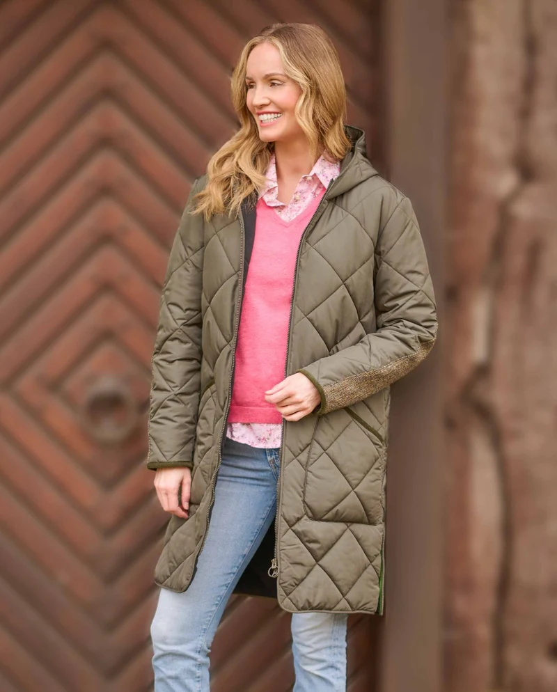 Damen Steppmantel "Perth Polar" mit Polar Fleece & Tweed Applikationen in oliv